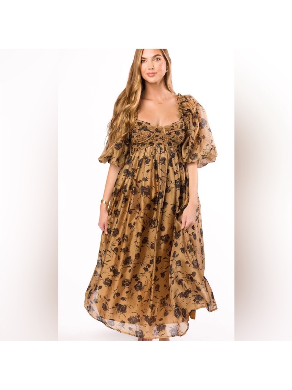 Harlow Camel & Black Floral Maxi Dress with Stretchy Neckline - Bump Friendly